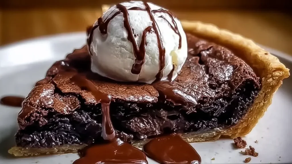 Rich, dark fudge brownie pie ready to be served.