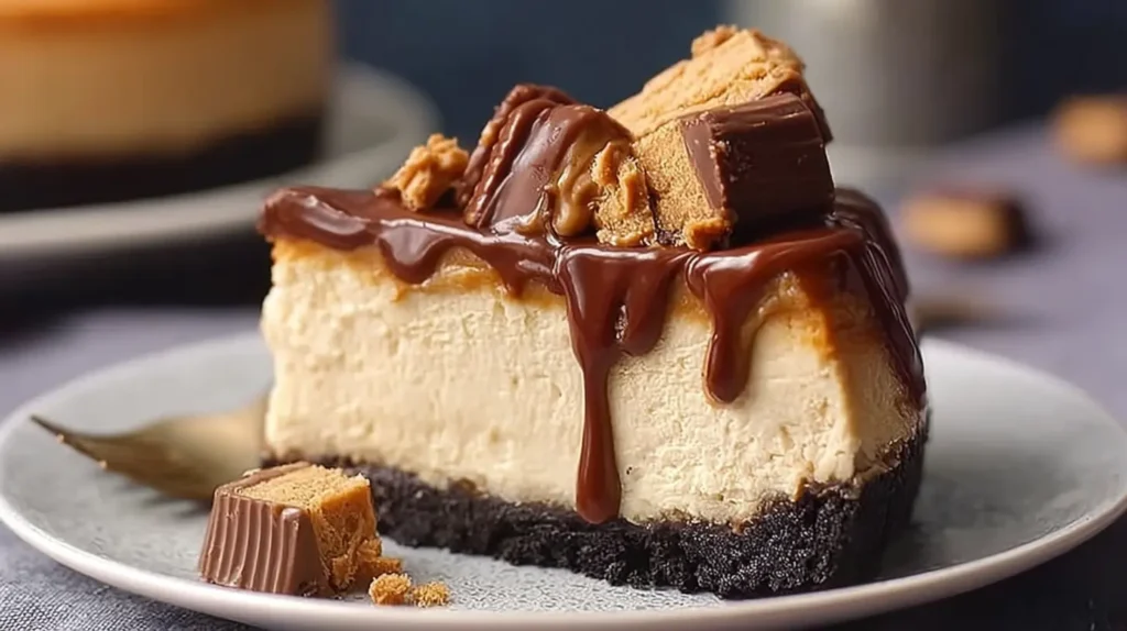 Close-up of a creamy peanut butter cheesecake slice