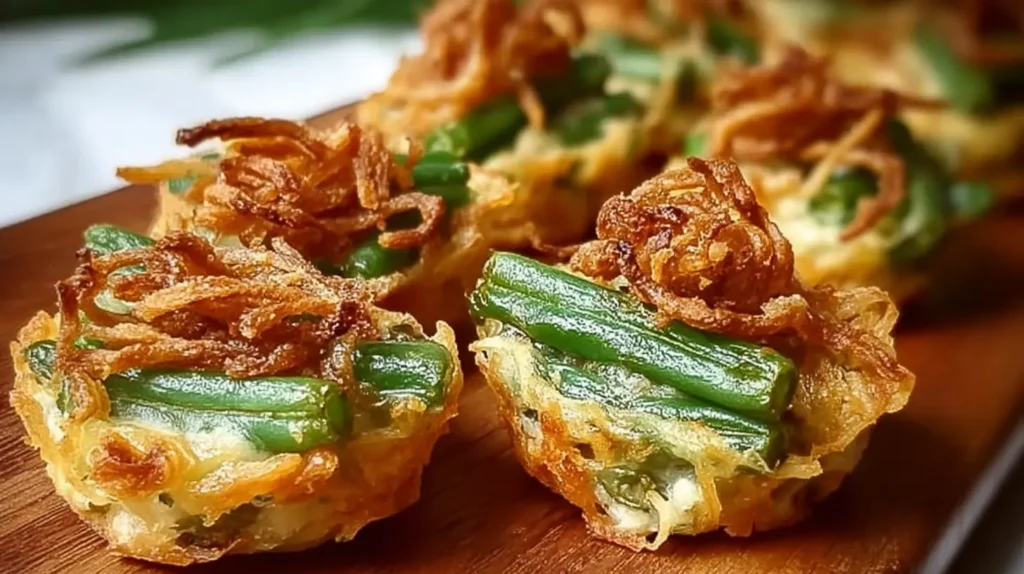 Various mini green bean casserole bites arranged for a party