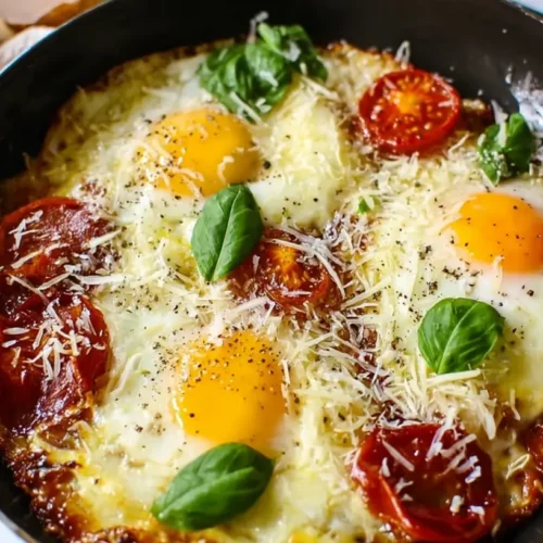 A close-up of savory pizza eggs with melted cheese and herbs.