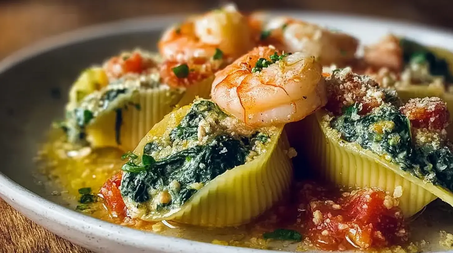 Cooked shrimp and spinach filling in pasta rolls