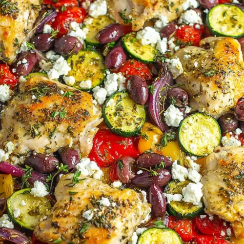A sheet pan filled with Mediterranean chicken, colorful vegetables, olives, and feta, seasoned with oregano