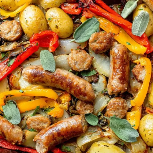A simple sheet pan meal featuring sausage, peppers, and baby potatoes baked to perfection.