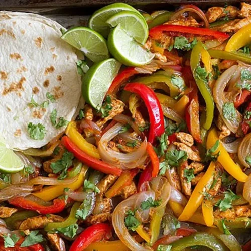 Sheet pan veggie fajitas with colorful peppers and onions, ready to be served in tortillas.