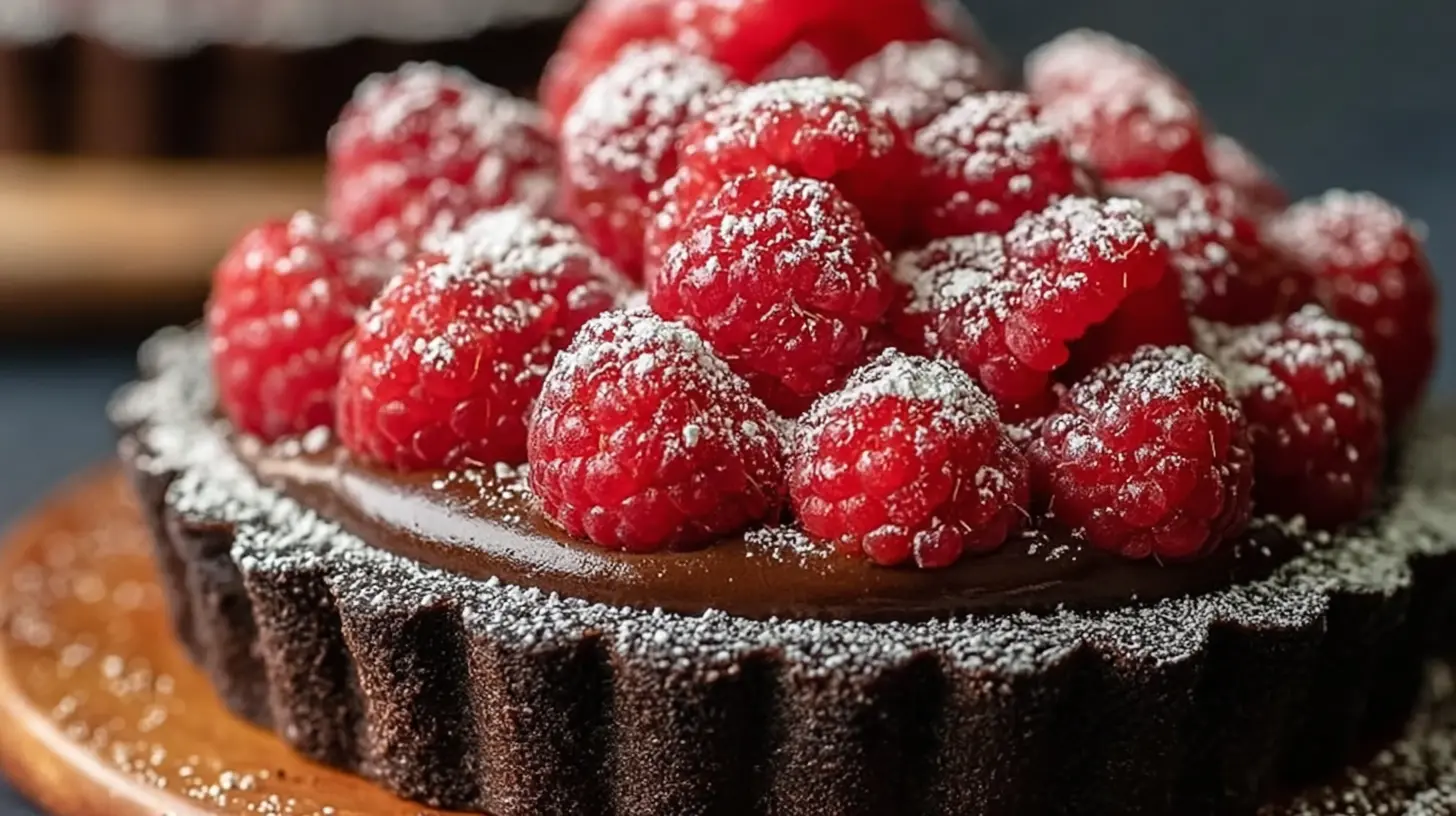 A simple chocolate raspberry tart garnished with whole raspberries