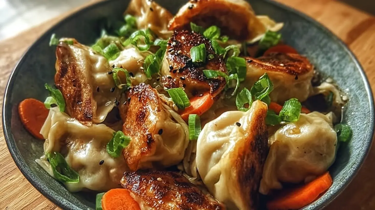 A close-up of an Easy Potsticker Stir Fry featuring browned potstickers and crisp veggies.