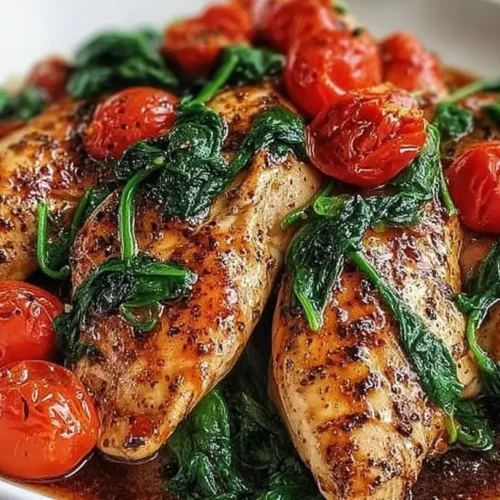 Balsamic garlic chicken with tomatoes and spinach cooking in a single skillet