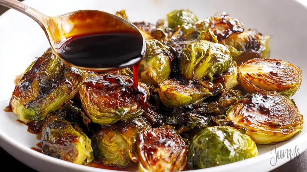 A close-up of tender chicken glazed with maple balsamic, served alongside perfectly roasted Brussels sprouts.