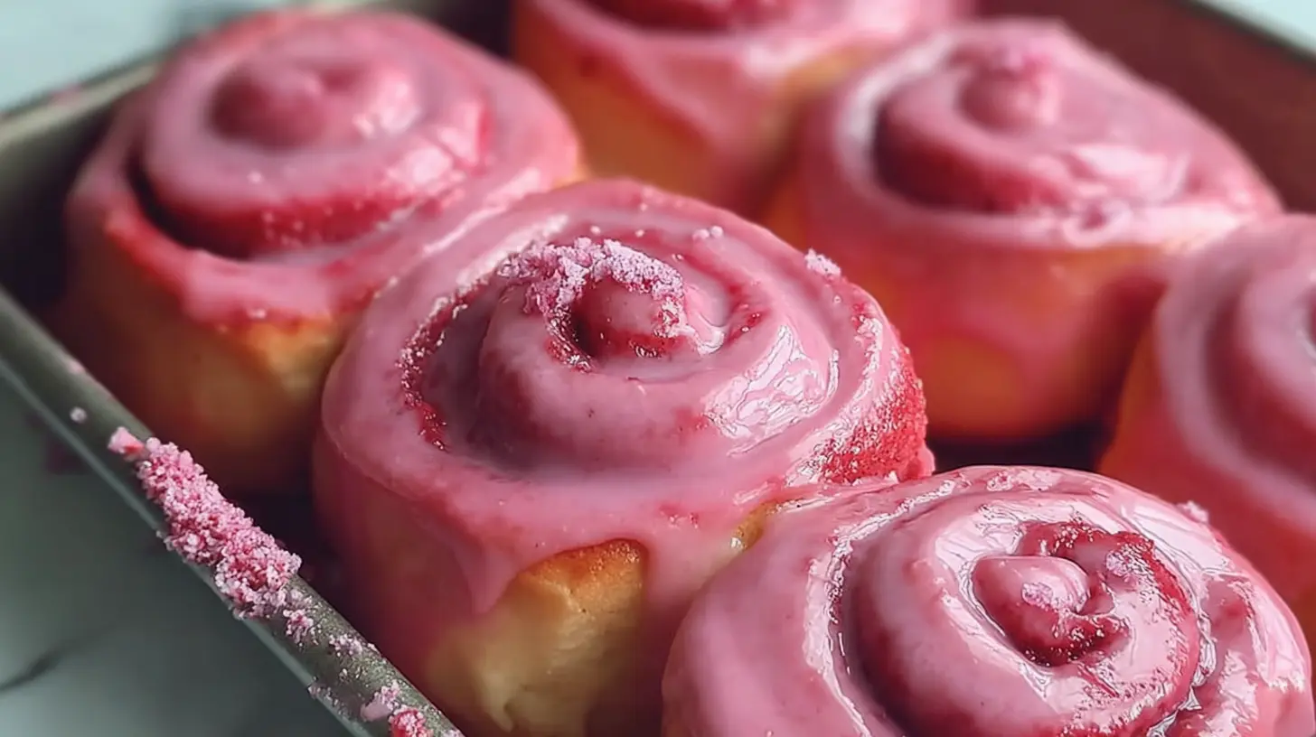 Decadent pink velvet cinnamon rolls with glaze.