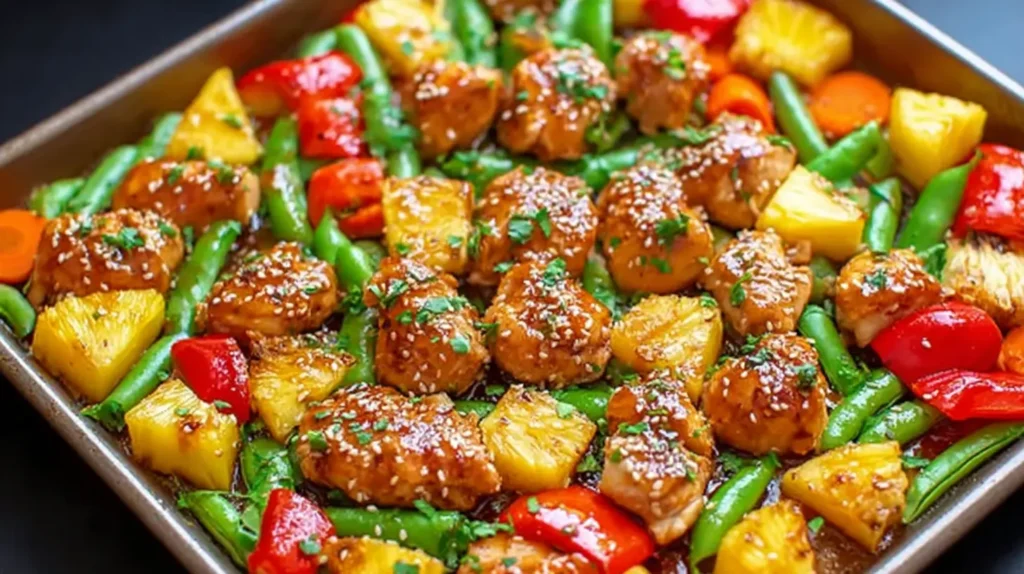Sweet-savory teriyaki chicken and pineapple cooked together on a sheet pan.