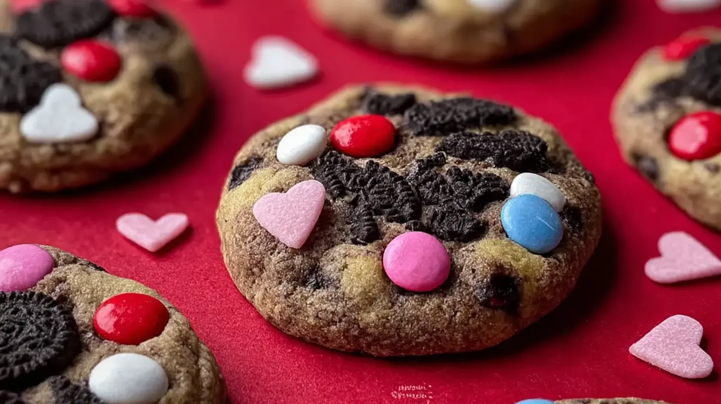 Close-up of Valentine’s Day Oreo M&M’s cookies adorned with red and pink M&M’s