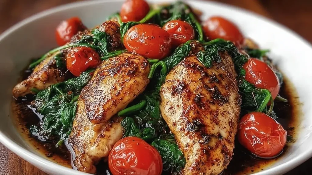 One-pan balsamic garlic chicken with tomatoes and spinach in a rich, tangy sauce