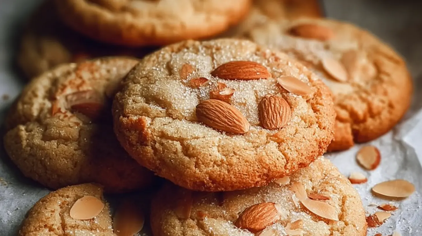Several chewy almond cookies arranged neatly on parchment paper