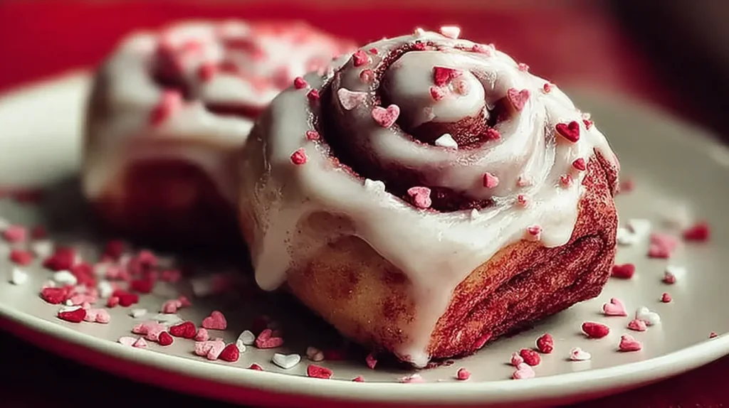 Warm red velvet cinnamon rolls for Valentine's Day brunch