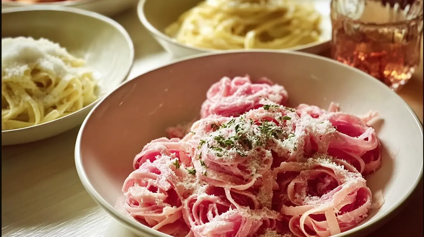 Delicious Valentine's themed pasta dishes artfully arranged for a special dinner.