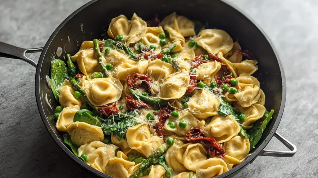 A bowl of bold Tuscan tortellini, featuring chewy pasta and sun-dried tomatoes.