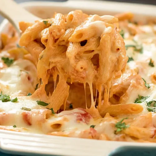 A cheesy baked penne dinner, bubbling hot from the oven.