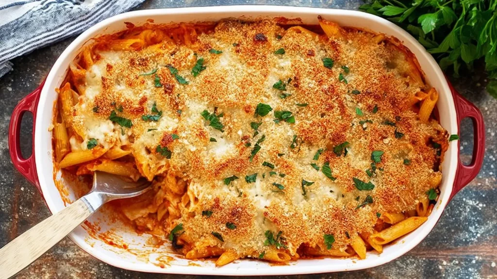 Close-up of bubbling, cheesy dump-and-bake chicken parmesan pasta straight from the oven.