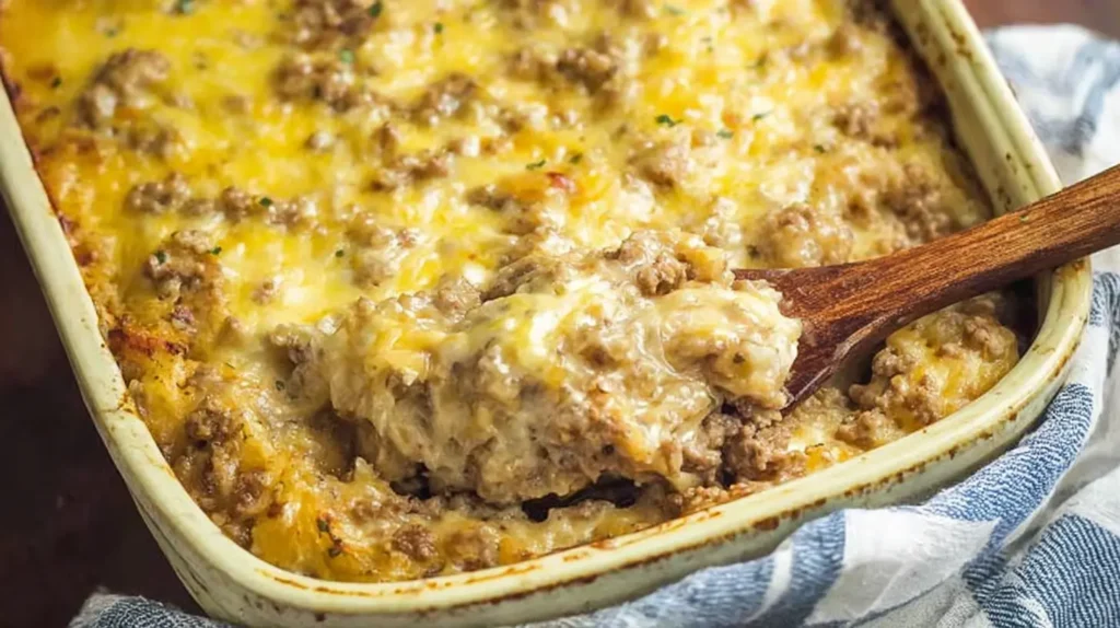 Closeup of a rich cheesy ground beef casserole with melted cheese and herbs.