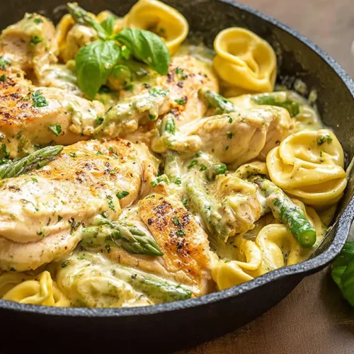A vibrant chicken pesto tortellini skillet showcasing a high-protein pasta meal.