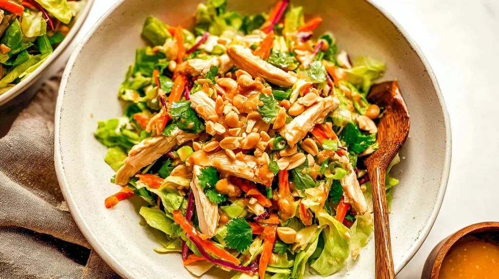 Close-up of a refreshing Chicken Thai Crunch Salad featuring crisp vegetables, chicken, and a zesty lime dressing.