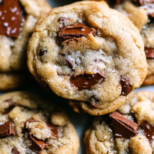 A stack of classic chocolate chip cookies on a cooling rack.