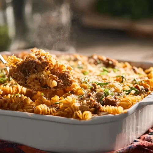 A steaming bowl of cozy winter casserole, perfect for cold evenings.