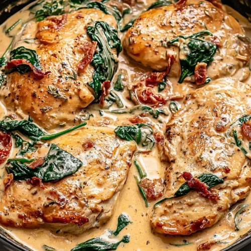 A full plate of creamy Tuscan chicken dinner, ready to be served.