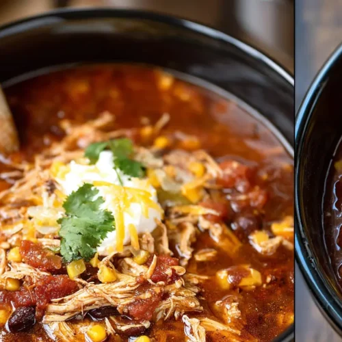 A bowl of Crockpot Chicken Tortilla Soup garnished with fresh cilantro and avocado