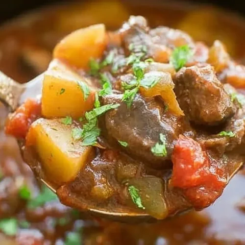 A hearty serving of low-carb beef stew prepared in a crockpot, rich with vegetables.