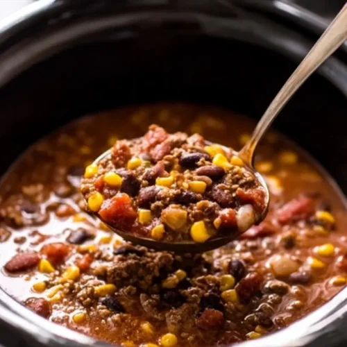 A steaming bowl of Crockpot Taco Soup, richly colored with various ingredients.