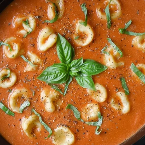 Crockpot Tomato Basil Soup garnished with fresh basil
