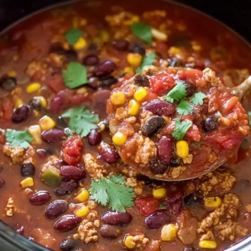 A steaming bowl of Crockpot turkey chili, rich with vegetables and beans.