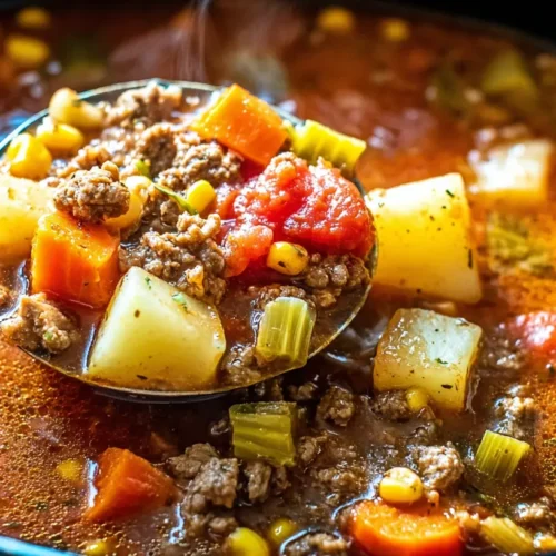 A steaming bowl of Crockpot Vegetable Beef Soup with tender meat and colorful vegetables.