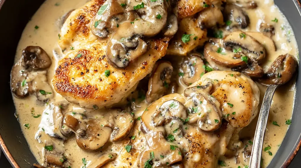 Delicious creamy mushroom chicken dish, ready to eat with a rich sauce.