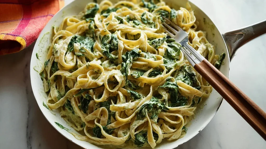 Close-up of rich creamy spinach pasta in a white bowl.