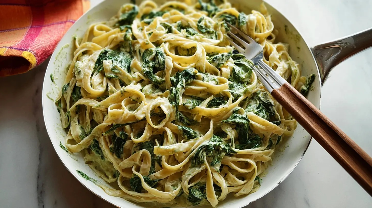 Close-up of rich creamy spinach pasta in a white bowl.