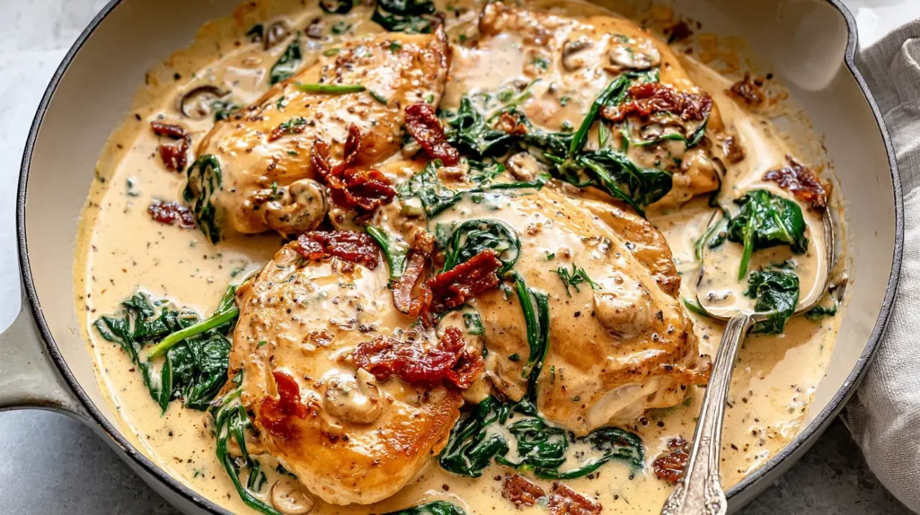 Delicious creamy Tuscan chicken meal, perfectly cooked and garnished.
