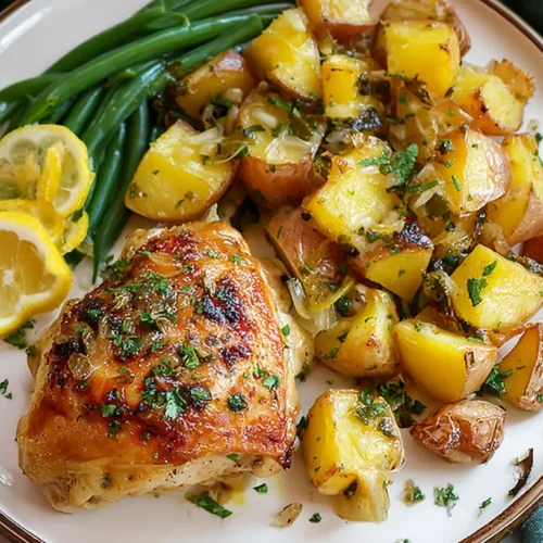 A bright Dump-and-Bake Lemon Garlic Chicken & Potatoes dish, fresh from the oven.