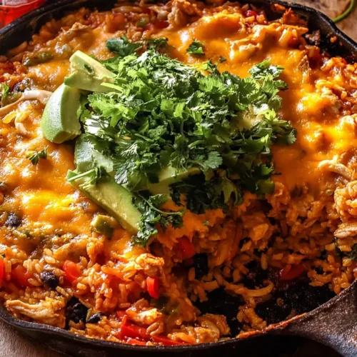 A hot and spicy dump-and-bake salsa chicken rice casserole, bubbling with cheese.