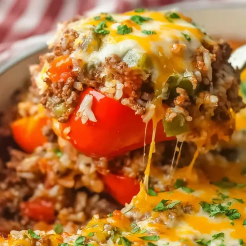 Dump-and-bake stuffed pepper casserole with visible peppers, ground beef, and rice.