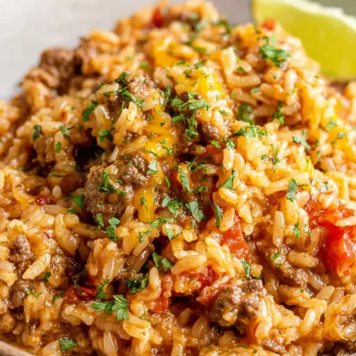 An Easy Beef and Rice Skillet Dinner, cooked in a single pan.