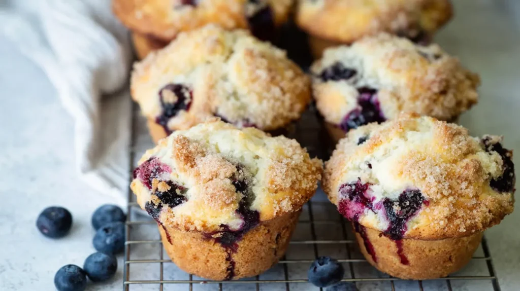 Warm, easy blueberry muffins Cooling on a wire rack, ready to be enjoyed.