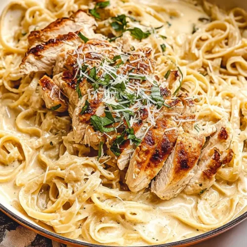 A creamy easy chicken alfredo dinner served in a bowl.