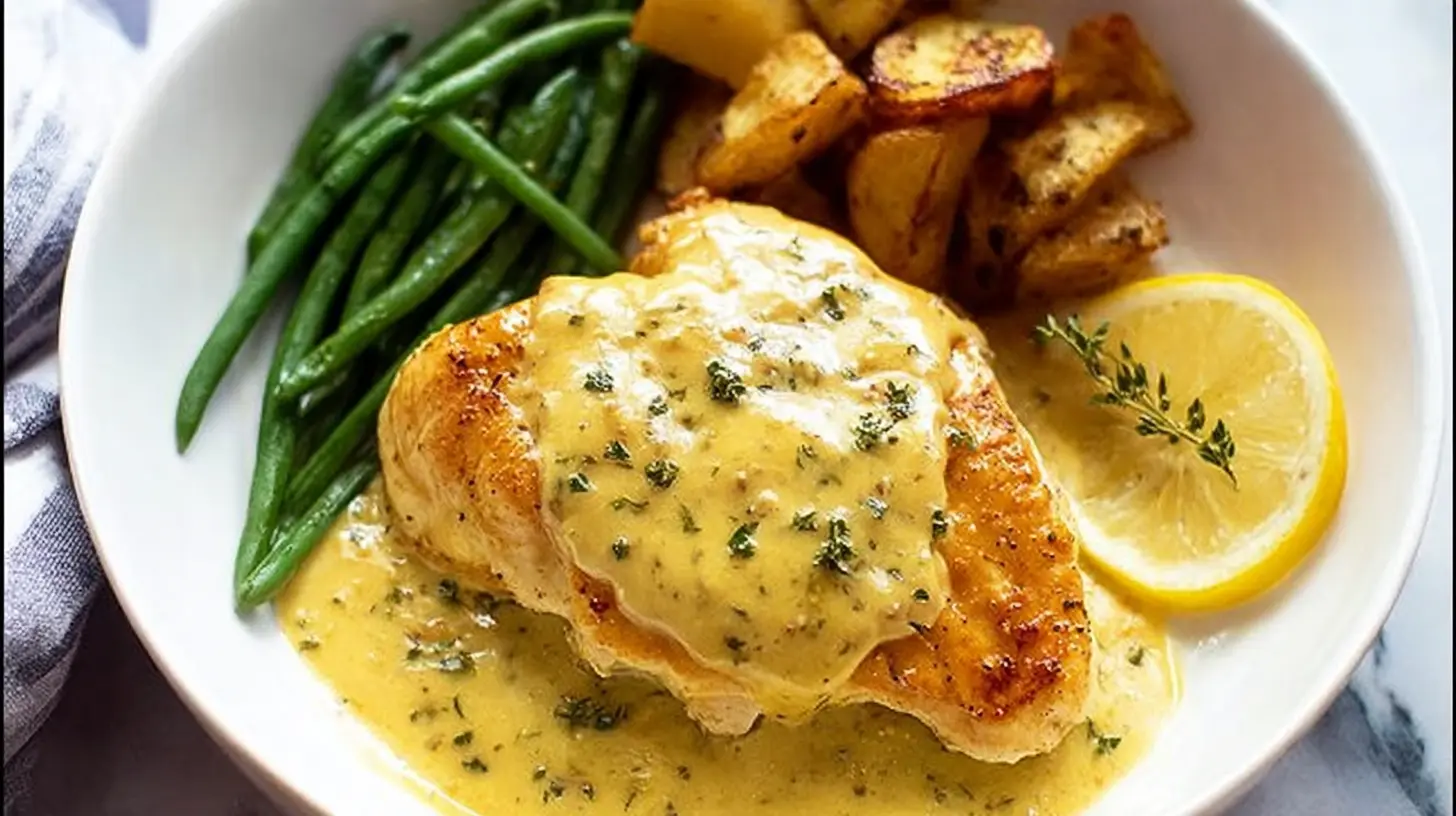 Golden-brown chicken pieces coated in honey mustard sauce, served as a complete dinner.