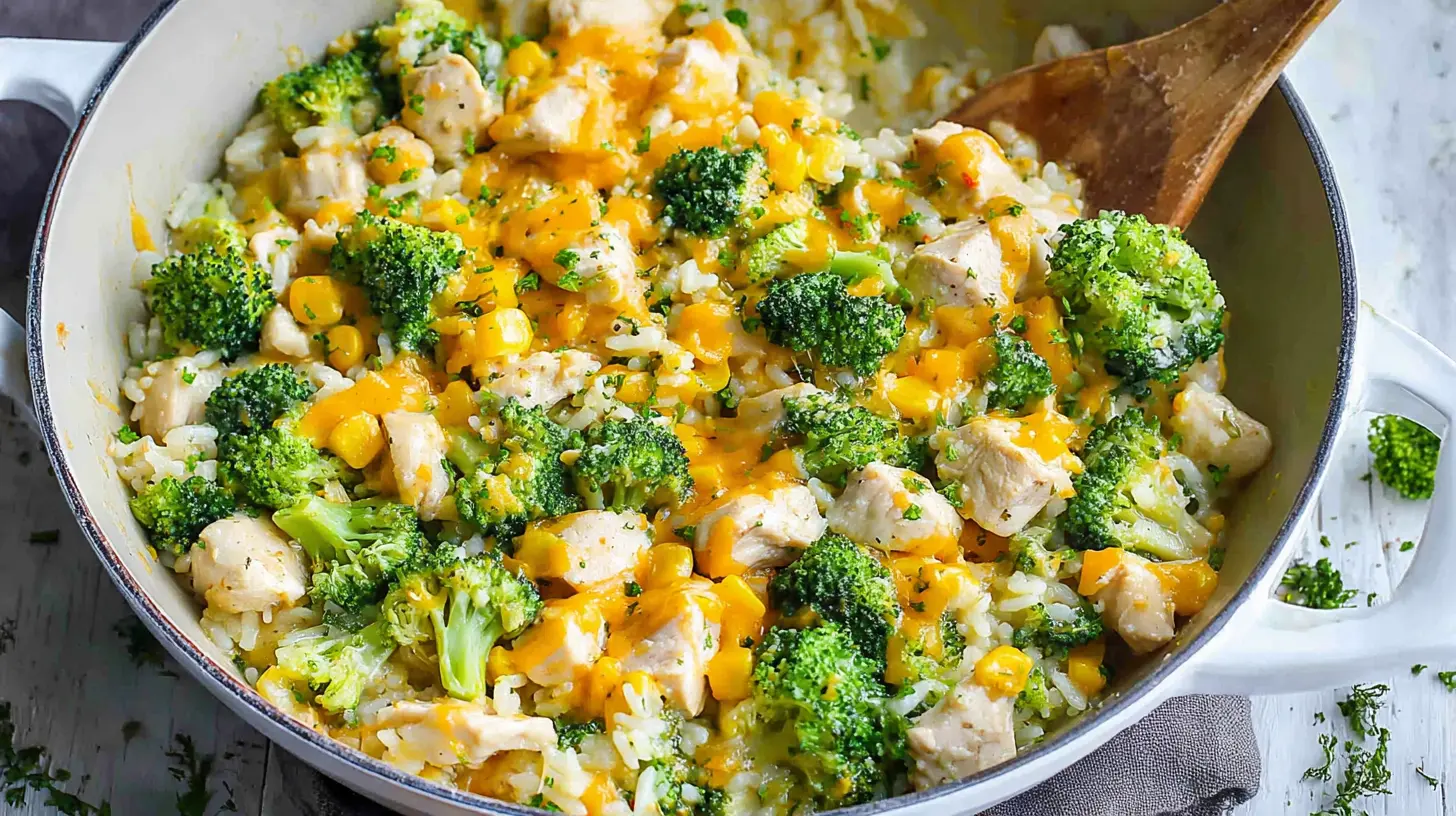 Hearty creamy chicken broccoli rice oven-baked meal in a pan