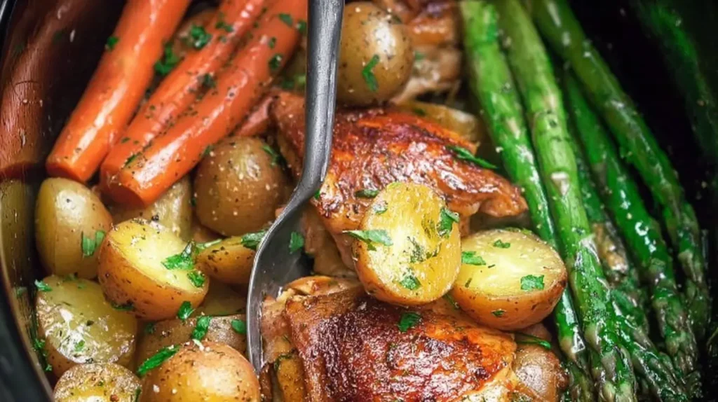 Delicious slow cooker chicken and vegetables with broccoli, carrots, and potatoes, creating a balanced meal.