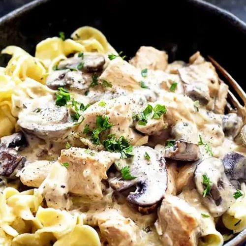A serving of easy crockpot chicken stroganoff in a bowl with egg noodles