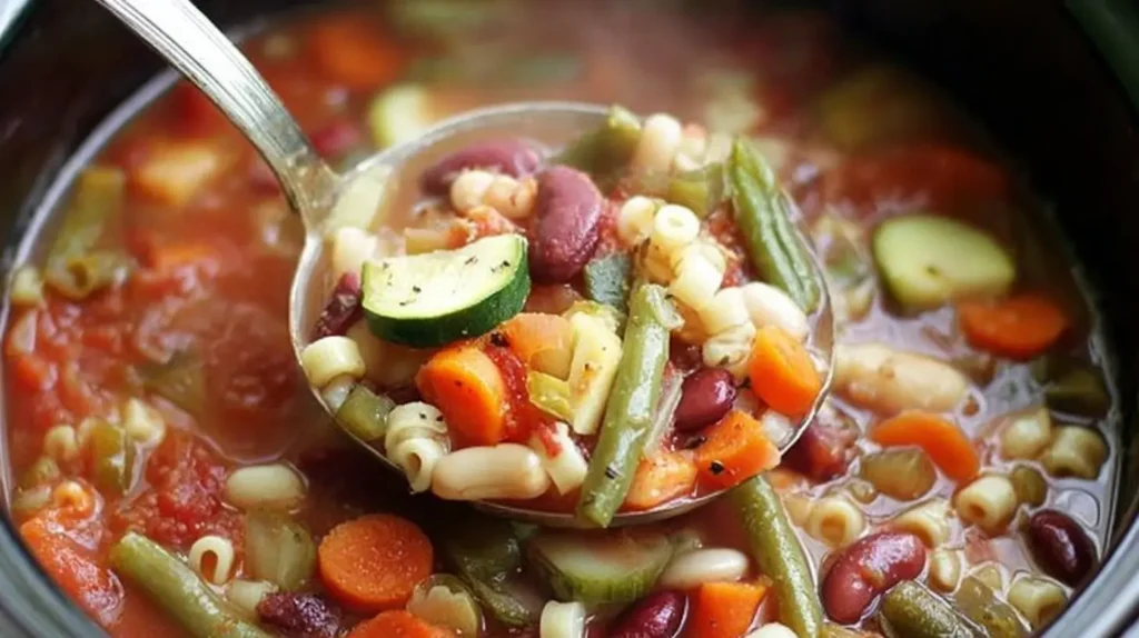 Close-up of hearty minestrone soup cooking in a slow cooker