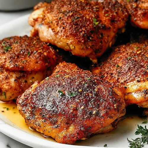A baked easy garlic chicken thigh recipe served on a plate.